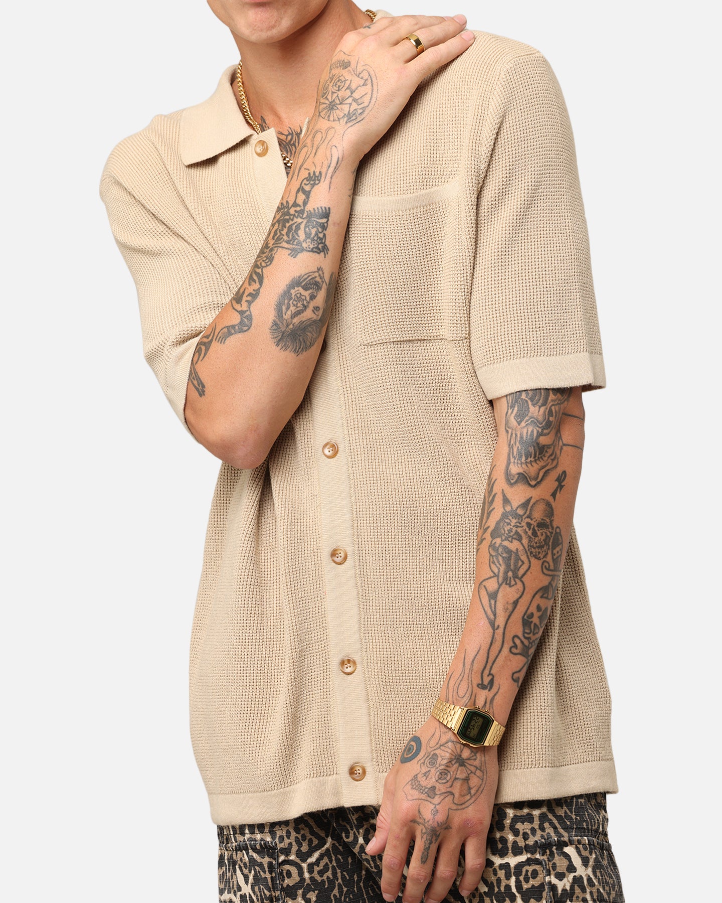 XXIII Zyair Tan Knit Rib Button-Up Shirt - Elevate Your Style